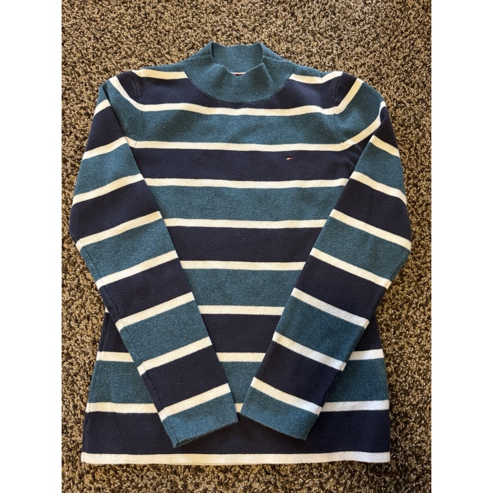 Tommy Hilfiger Women's S Mock Neck Sweater Viridian Navy Striped 100% Cotton